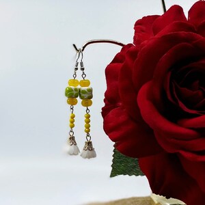 Lime Green Cube and White Tassel Talavera Dangling Earrings
