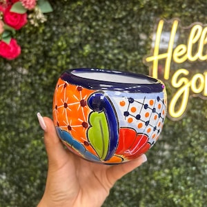May include: A hand-painted ceramic pot with a vibrant design. The pot features a blue rim and a colorful pattern of orange, red, green, and blue floral and geometric shapes. The background is a green hedge with a neon sign that says "Hello Gorgeous".
