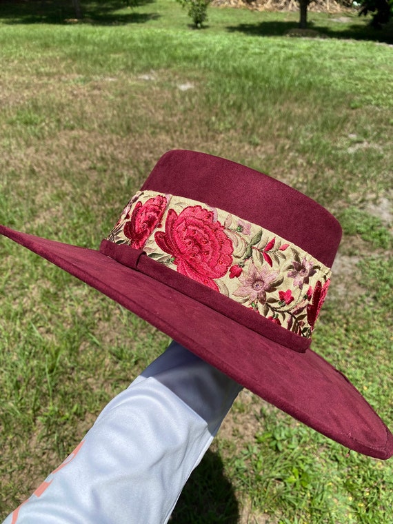 Burgundy Floral Boater Hat - Etsy display picture 1