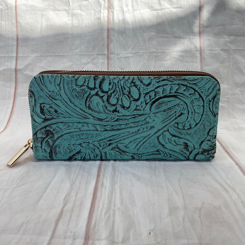 Genuine Leather Tooled Womens Western Wallet Faux Turquoise Etsy