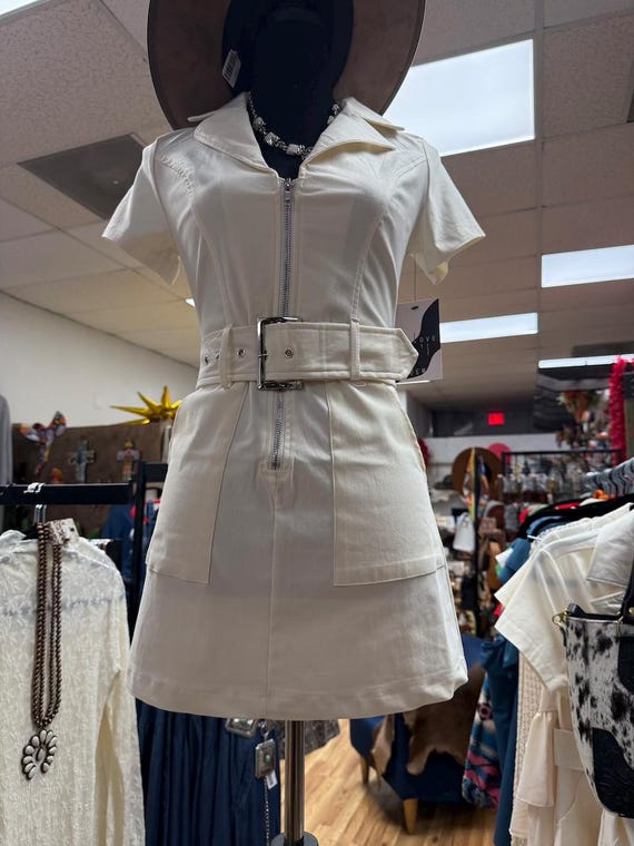 cream belted denim dress