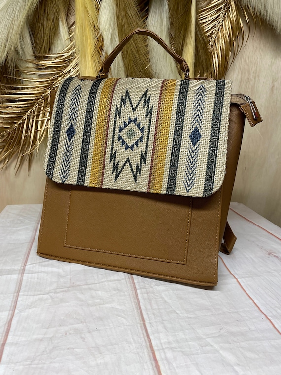 aztec leather backpack Inspired Vegan Tooled in Wildlife Brown Conveniently sized roomy multi Honey Aztec Print Leather Backpack