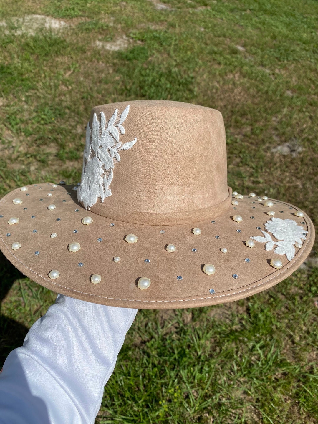 Lace and Pearls Accents Cream Boater Hat D37 Etsy