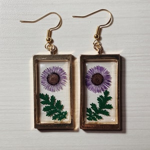 Purple Handmade Sunflower Resin Rectangle Drop Earrings
