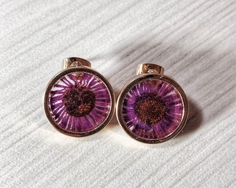 Handmade Purple Sunflower Resin Stud Circle Earrings