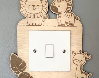 Jungle Animal Theme Nursery Light Switch Surround Wooden Wall Decor, Light Switch Cover