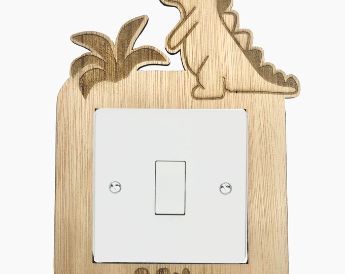 Custom Engraved Wooden Baby Dinosaur Light Switch Surround, Personalised Kids Name Room Decor, Name Engraved Nursery Wall Art