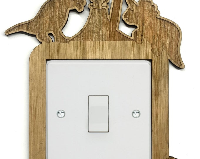 Custom Engraved Wooden Dinosaur Light Switch Surround, Personalised Kids Room Decor, Name Engraved Nursery Wall Art