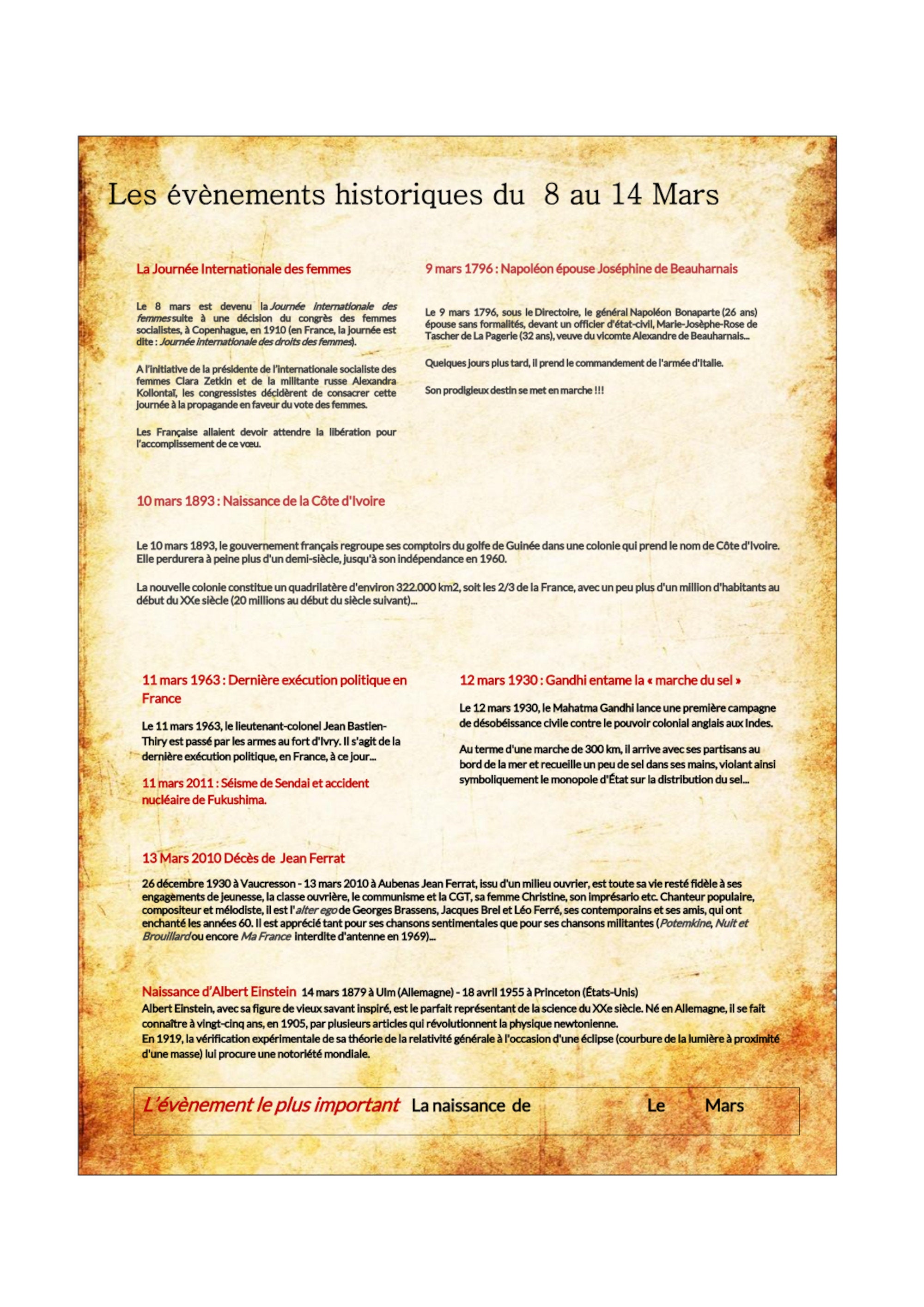 Affiche Poster Personnalisé, Format A3 Votre Anniversaire Entre Le 8Et 14 Mars.evènements Historique