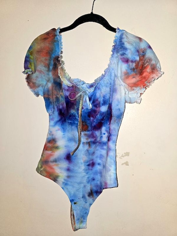 Tie Dye Fairycore Bodysuit – Small and Large Ruffle Sleeve Festival Romper, Handmade One-of-a-Kind Loungewear