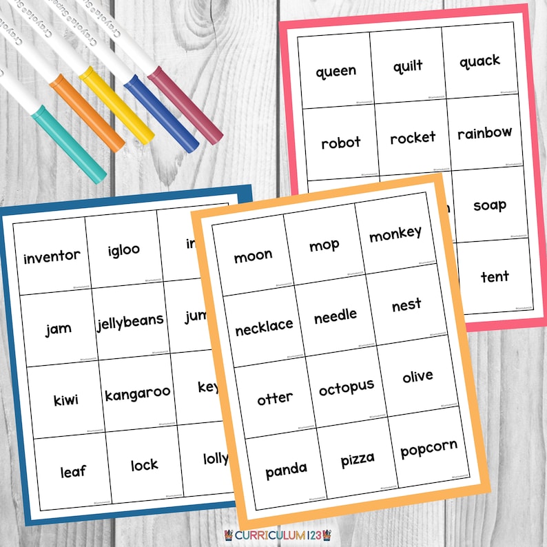 A list of words in alphabetical order. These are cards with a white background and black text.
