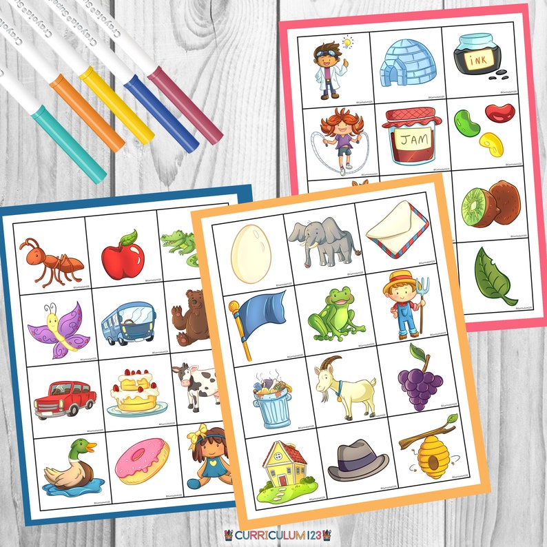 Colorful picture cards. The pictures are in alphabetical order.