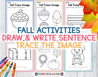 Pode incluir: Folhas de trabalho de rastreamento com tema de outono com imagens de uma bolota, milho, uma carroça, feno, uma folha, um girassol, uma abóbora e um esquilo. O texto diz "Atividades de outono, Desenhe e escreva uma frase, Trace a imagem."