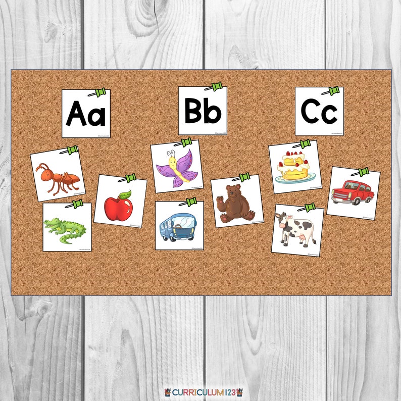 A sample of the alphabet cards on a bulletin board.