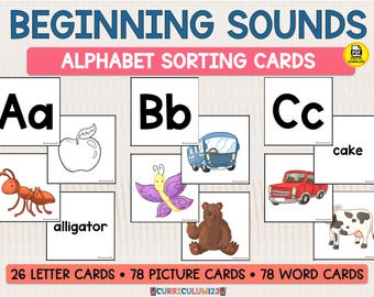 May include: Educational alphabet sorting cards featuring the text BEGINNING SOUNDS ALPHABET SORTING CARDS. Includes letter cards for Aa, Bb, and Cc, with corresponding picture cards of an apple, ant, bus, butterfly, bear, car, cake, and cow.