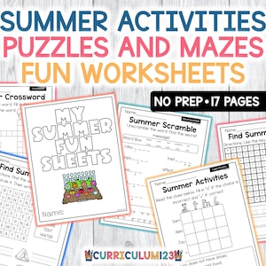 May include: A collection of 17 pages of black and white summer activity worksheets featuring puzzles, mazes, crosswords, word scrambles, and logic games. The cover sheet is titled My Summer Fun Sheets and includes a colourful illustration of a garden.