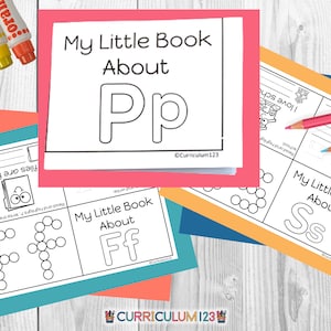 May include: A set of printable alphabet activity books for kids. The books feature the letters Pp, Ff, and Ss. Each book has a title page with the letter in large print, a page with a dot-to-dot activity, and a page with a tracing activity. The books are designed to help children learn the alphabet and improve their fine motor skills.