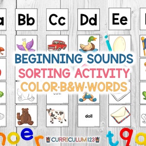 音の絵合わせ、音の分類アクティビティ、印刷可能なアルファベットカード、幼稚園の文字の音、就学前のゲーム