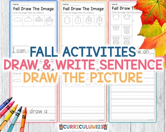 Pode incluir: Um conjunto de folhas de atividades com tema de outono. As folhas apresentam instruções para desenhar e escrever frases, com imagens de bolotas, folhas e corujas. O texto nas folhas diz "Fall Activities, Draw & Write Sentence, Draw The Picture."