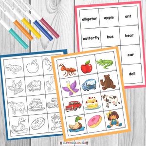 Cards with words, colorful pictures, and black and white pictures that correlate to the alphabet.