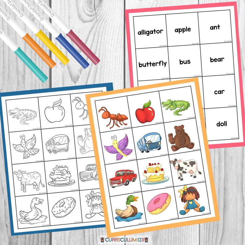 Cards with words, colorful pictures, and black and white pictures that correlate to the alphabet.