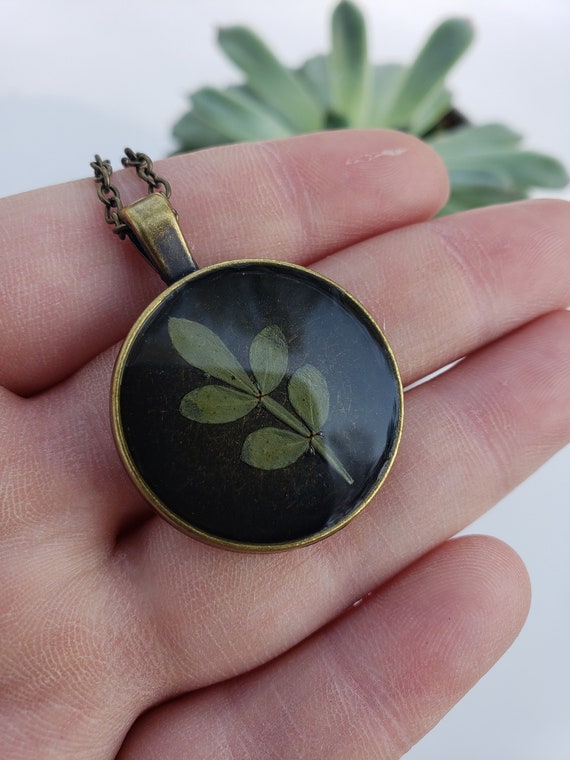 Gift for her Green and Gold Necklace Resin Pressed Flower Jewelry Green Leaf Pendant
