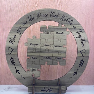 Wood engraved sign gift for mom, puzzle piece sign, gifts for her, personalized sign for mom, Mother’s Day ideas, Mother’s Day gifts.
