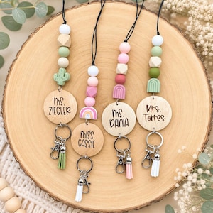 Personalized Teacher Lanyard, Boho Rainbow Daisy Beaded ID Badge Holder, Key Chain Accessory