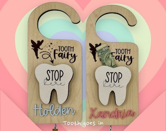 Personalized Tooth Fairy door hanger with hanging mini vial, gifts for kids, tooth fairy alternatives. Tooth Fiary money holder,
