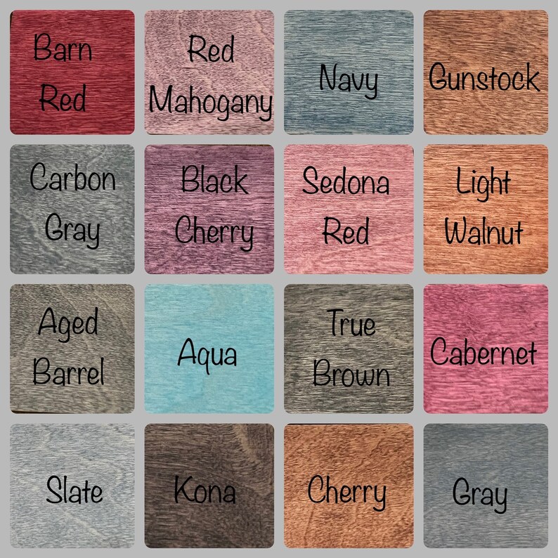 May include: A color chart with 16 different wood stain colors. The colors are arranged in a 4x4 grid. The colors include Barn Red, Red Mahogany, Navy, Gunstock, Carbon Gray, Black Cherry, Sedona Red, Light Walnut, Aged Barrel, Aqua, True Brown, Cabernet, Slate, Kona, Cherry, and Gray.