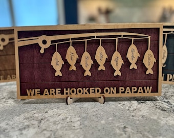 Hooked on Dad/Grandpa/papa engraved sign, gifts for papa, fishing sign, Personalized fishing christmas gifts for him. Retirement gift.