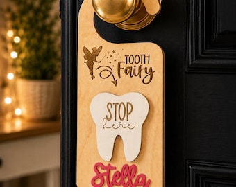 Personalized Engraved Wood Tooth Fairy Door Hanger with Vial
