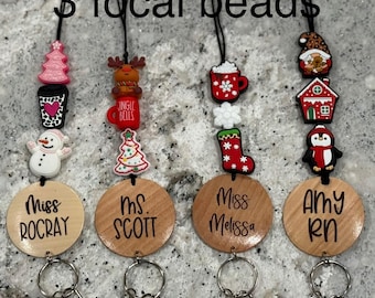 Personalized Christmas Teacher Lanyard, Breakaway Beaded ID Badge Holder
