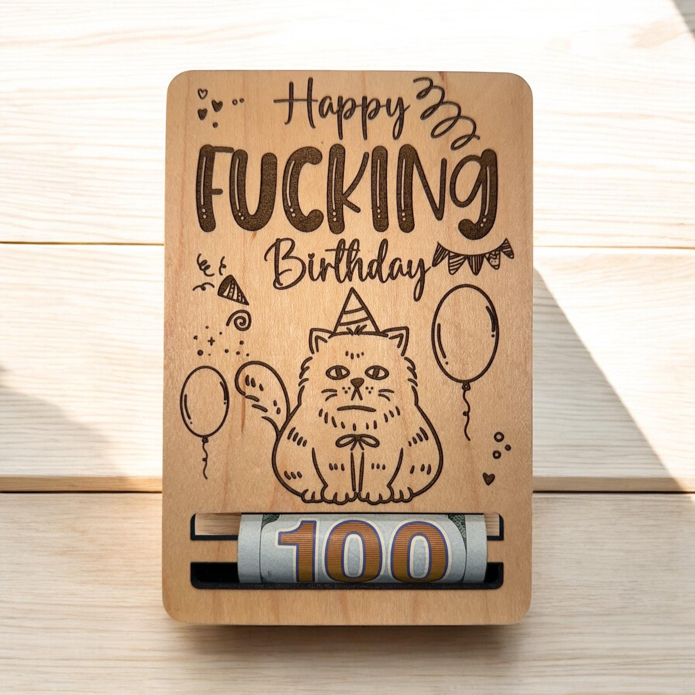 Engraved Wood Cat Money Keepsake