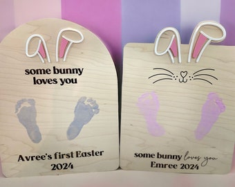 Babies first Easter sign, Footprint handprint paint decor, DIY for baby Easter bunny, Some Bunny loves you, crafts for kids.