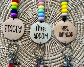 Personalized Teacher Lanyard, Beaded ID Badge Holder, Breakaway Keychain