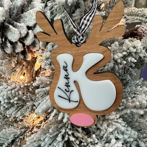 Personalized name reindeer Christmas tree ornament, Rudolph ornament, Boho Christmas decor, Ornament gift exchange, engraved art, farmhouse