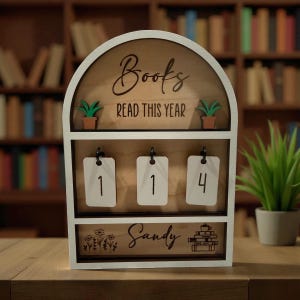 May include: A white wooden book counter with the words "Books READ THIS YEAR" and the number "114" displayed. The counter has a wooden background and includes small potted plants and the name "Sandy".