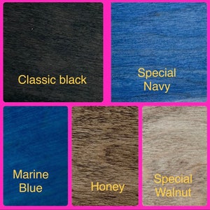 May include: Wood stain color samples in six different colors: classic black, special navy, marine blue, honey, and special walnut.