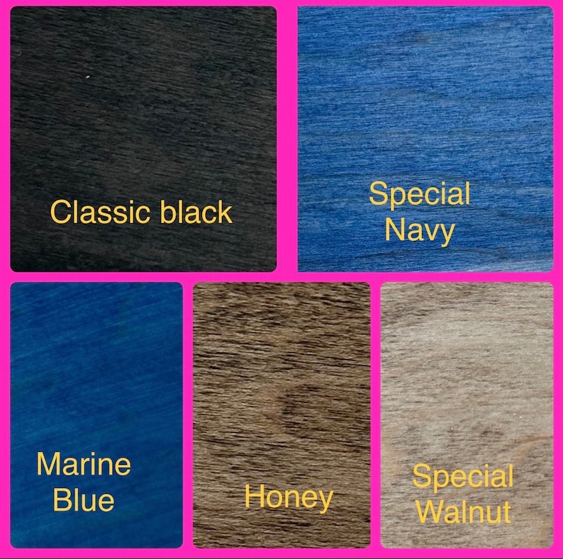 May include: Wood stain color samples in six different colors: classic black, special navy, marine blue, honey, and special walnut.