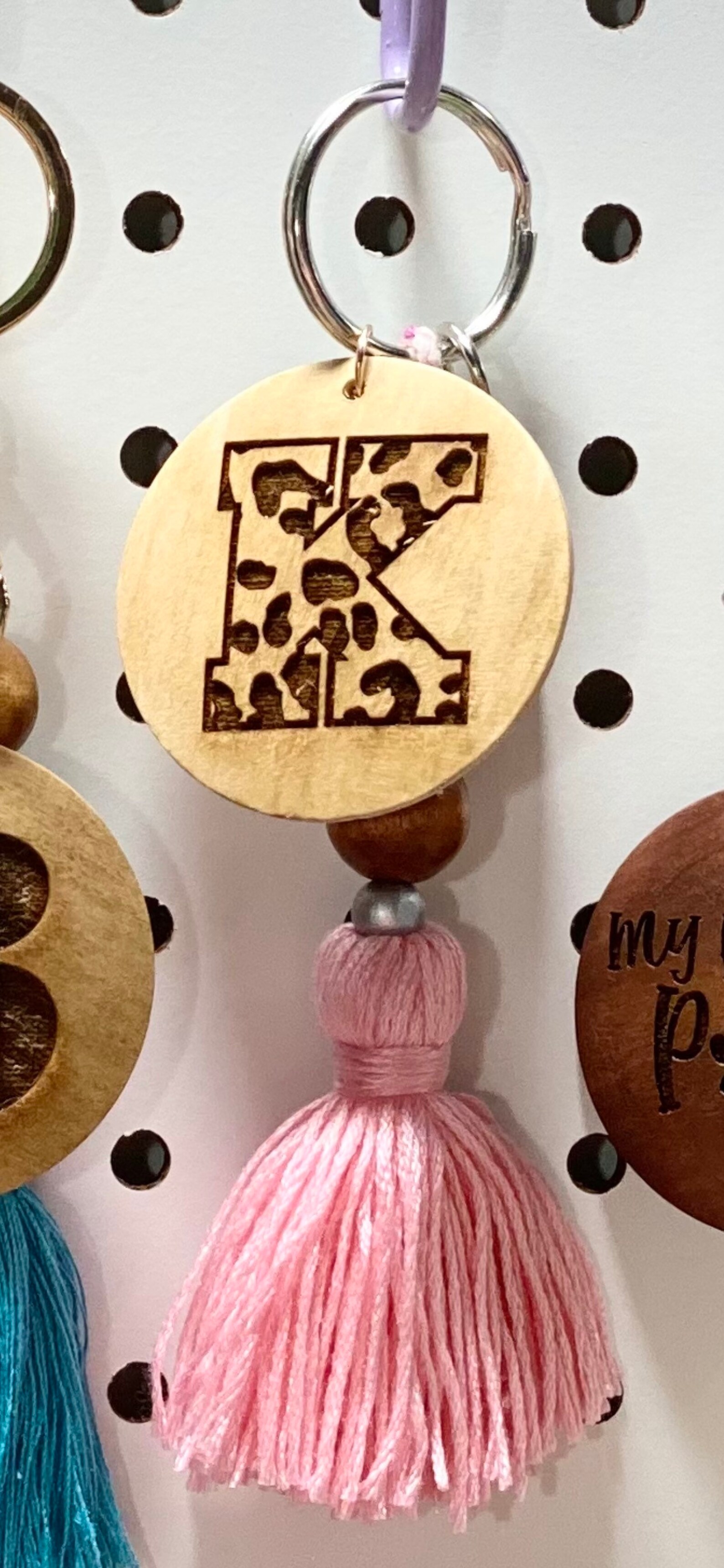 Engraved wooden beaded disc keychain with tassel Etsy