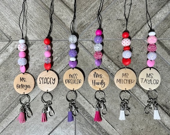 Personalized Beaded Teacher Lanyard, Engraved Wood ID Badge Holder