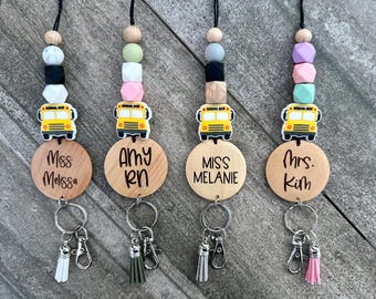 Personalized School Bus Lanyard, Breakaway Beaded Teacher ID Badge
