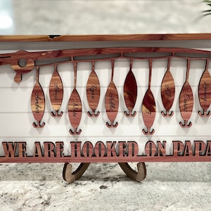 Hooked on Dad/Grandpa/papa engraved sign, gifts for papa, fishing sign, Personalized fishing christmas gifts for him. Retirement gift.