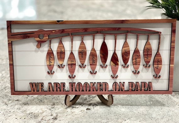 Hooked on Dad/Grandpa/papa engraved sign, gifts for papa, fishing sign, Personalized fishing christmas gifts for him. Retirement gift.
