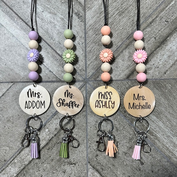 Personalized Floral Beaded Teacher Lanyard, Breakaway ID Badge Holder