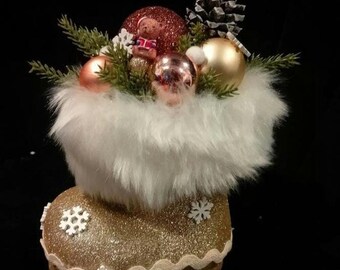 Handmade Christmas Boot Ornament, Gold Glitter Decor with Mini Teddy Bear