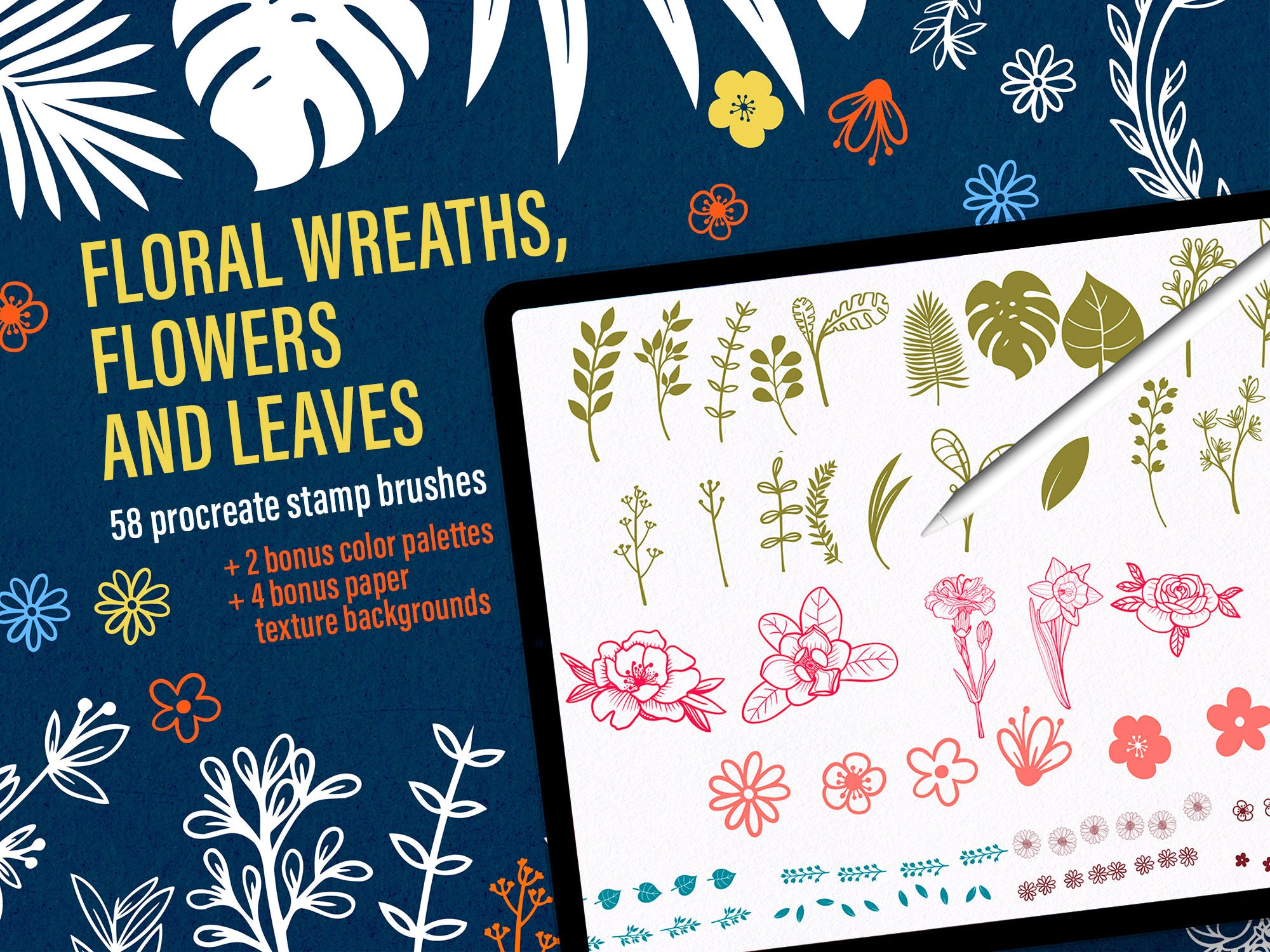 Procreate Brushes: Botanical Stamps, Floral Wreath Procreate Stamps ...