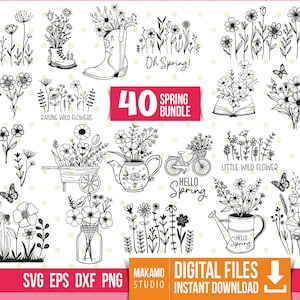 Könnte beinhalten: Ein Set mit 40 schwarzen und weißen SVG-Schnittdateien zum Thema Frühling. Die Designs beinhalten Blumen, Schmetterlinge, eine Teekanne, eine Gießkanne, ein Fahrrad, einen Stiefel, ein Buch und Text, der "Hello Spring!" und "Little Wild Flower" sagt.