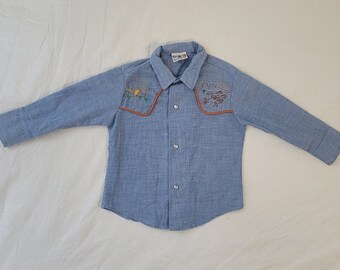 70s "Billy The Kid" Vintage Embroidered Kids Western Cowboy Chambray Shirt 2T